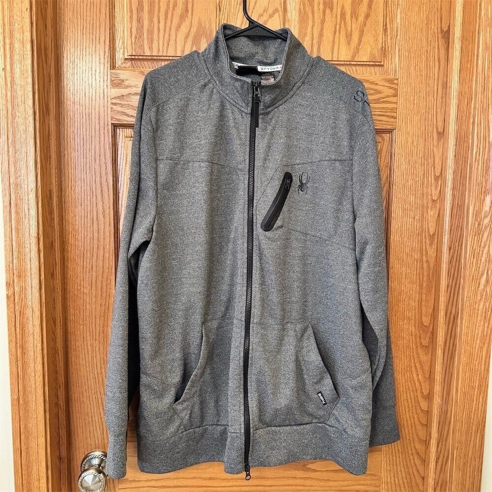 Spyder Active Jacket Mens XL Heather Gray Full Zip Fleece Mock Neck Pocket